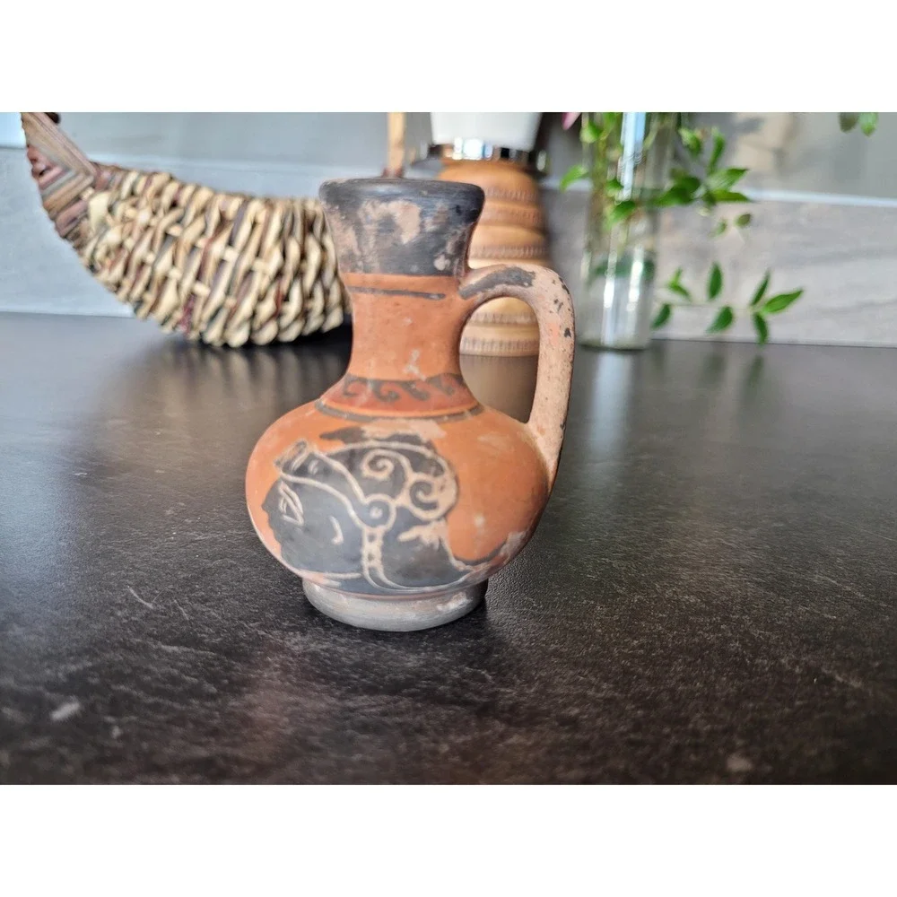 Vintage Greek Style Terracotta Miniature Jug Hand Painted‎ Helmeted Figure 3